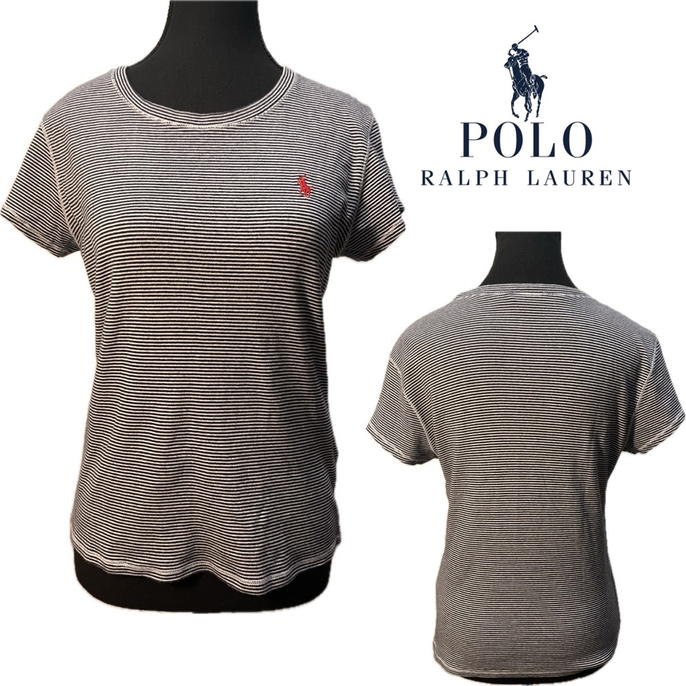 Polo Ralph Lauren Blue White Thin Stripe Fitted Cap Sleeve Cotton Tee Shirt: M/L